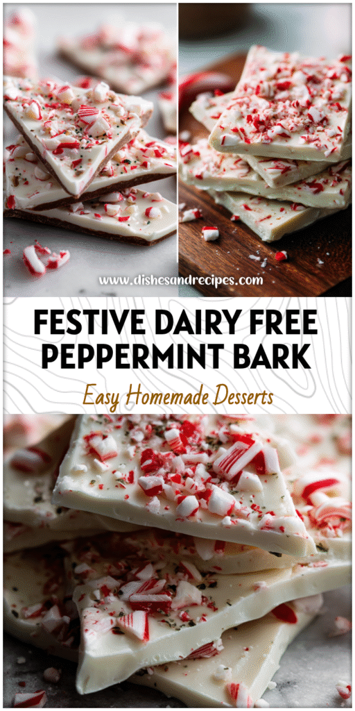 Creamy white yogurt peppermint bark topped with crushed candy canes, a festive Dairy Free Peppermint Bark treat.